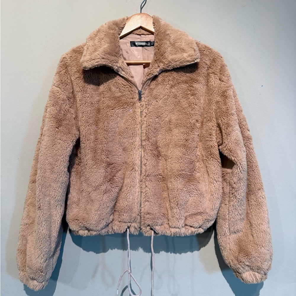 Missguided Blush Pink Faux Fur Bomber Jacket Women 4/S Soft Warm Casual Travel